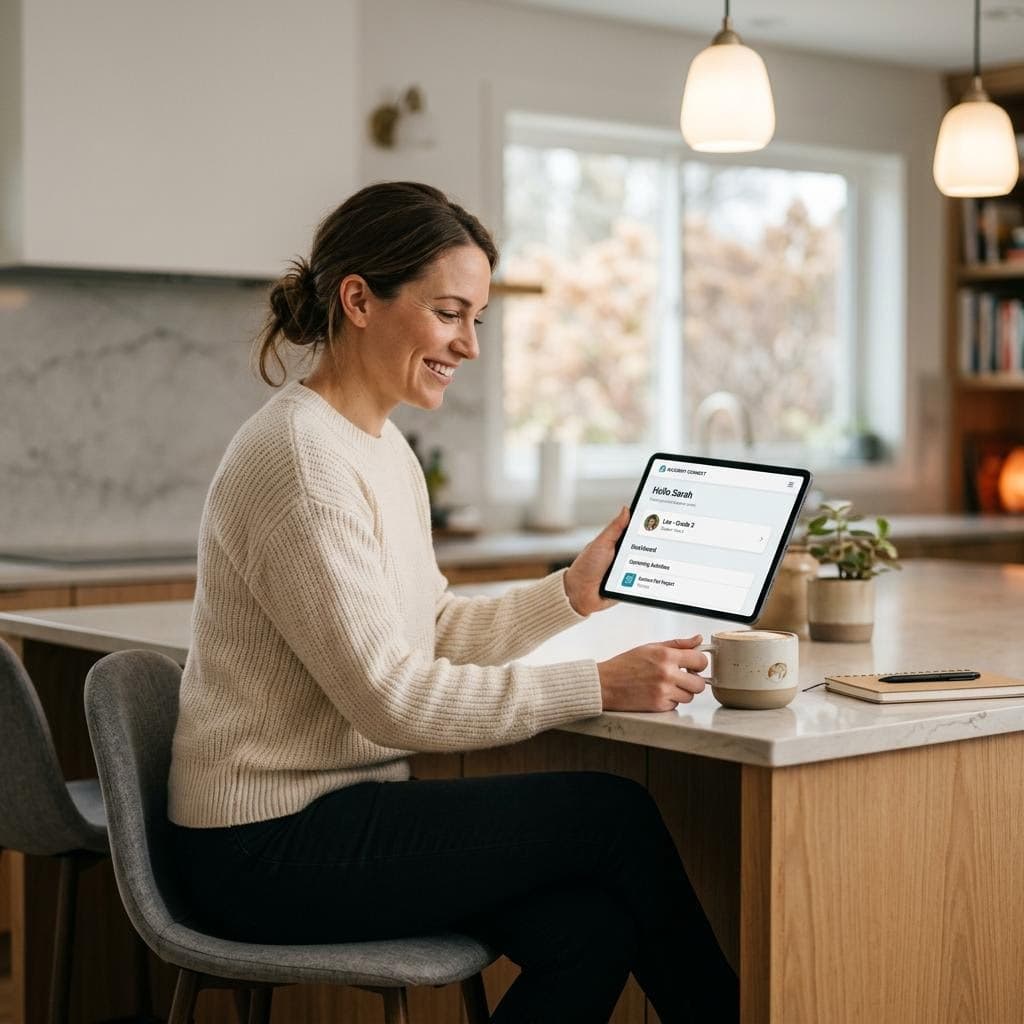 A parent looking at the community portal on a tablet at home