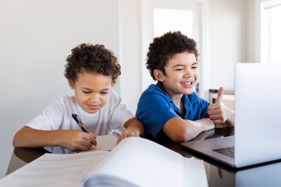 Two brothers working through schoolwork together