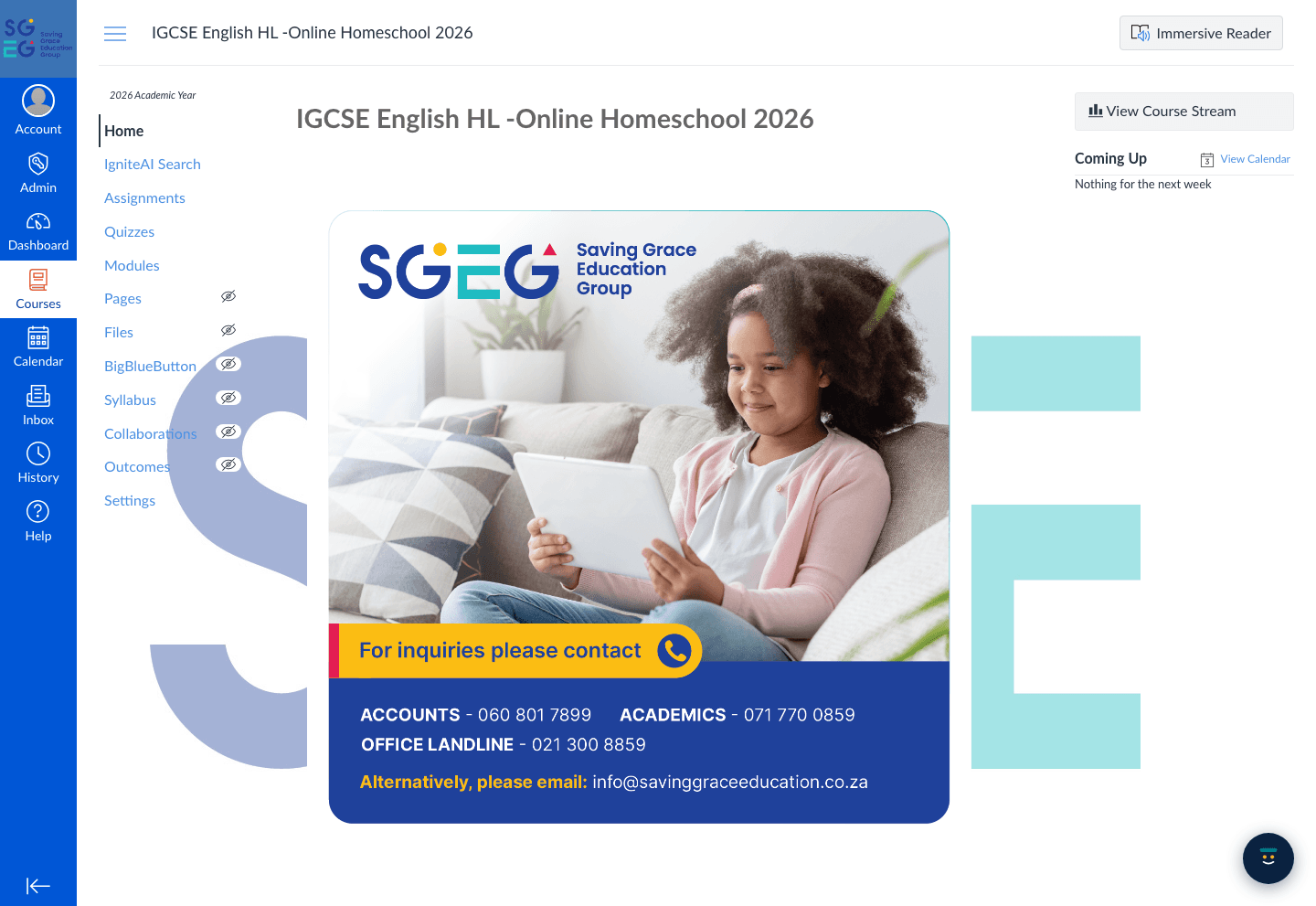 a Cambridge course home on the Saving Grace learning platform