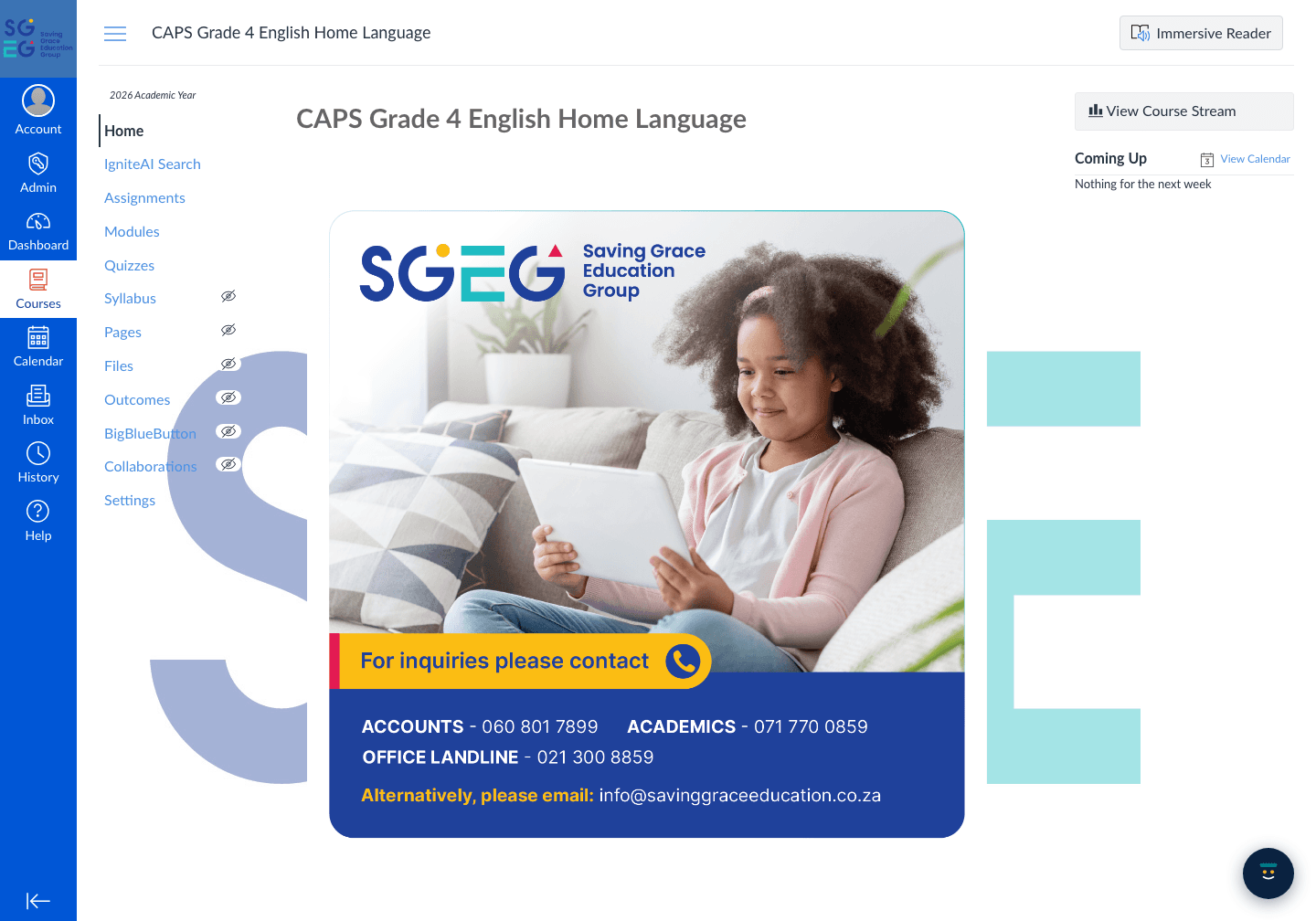 a CAPS course home on the Saving Grace learning platform