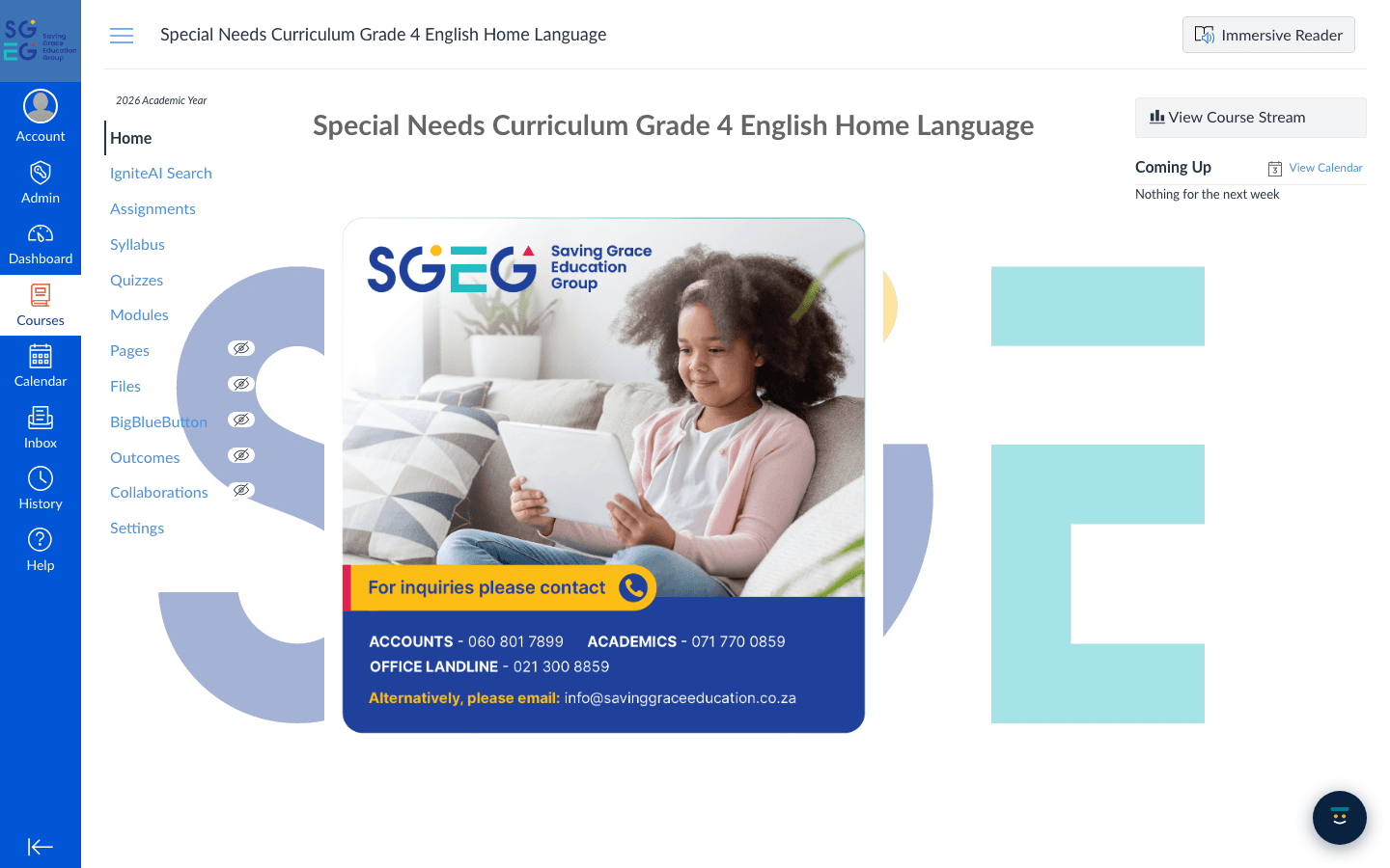 a Special Needs course home on the Saving Grace learning platform
