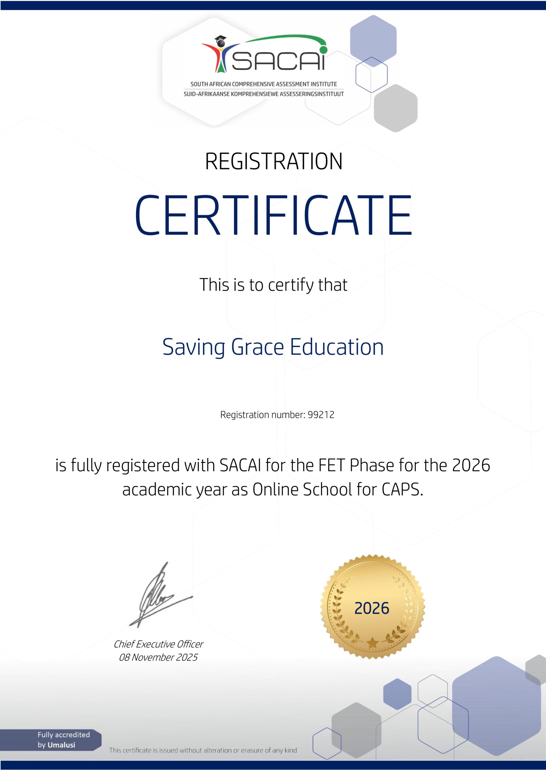 Accredited Homeschool Certificate SACAI